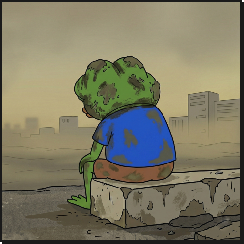 Mossy frog sitting on concrete looking at foggy cityscape